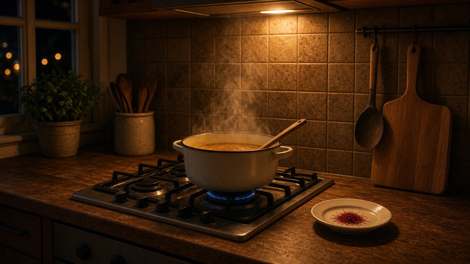A pot on the stove at night